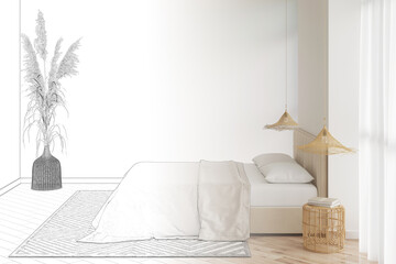 The sketch becomes a real bedroom with a blank wall, pampas grass in a wicker vase, openwork lamps over bamboo bedside tables, a double bed with cotton linen, carpet on the parquet floor. 3d render