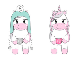 Cute unicorn baby girl in winter hat holds the cup. Vector illustration.