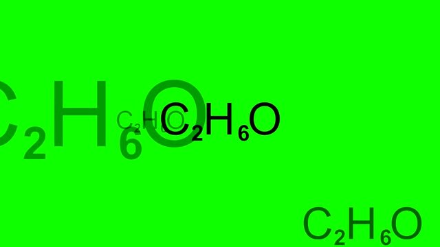 Animation with alcohol chemical formula C2H6O on the green background (seamless loop)