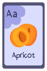 Colorful alphabet letter A - apricot. Phonics flashcard. Food themed ABC cards for teaching reading with foods, vegetables, fruits and nuts. Series of ABC.