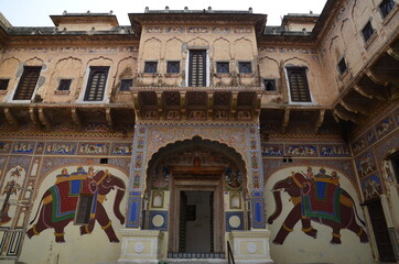 Stunning architecture offside the touristic trails: haveli in the city of Bikaner in Rajasthan,...