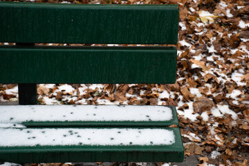 Light snow on a green park bench and autumn leaves on the ground