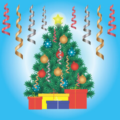 Christmas tree with toys, streamers and gift boxes on a blue background. Vector illustration