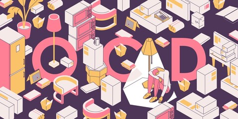 OCD large lettering with sad man suffering from obsessive compulsive disorder and collecting things. Concept isometric illustration about mental health and depression