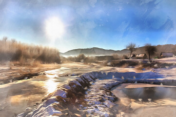 Beautiful sunny winter landscape at Caucasus mountains