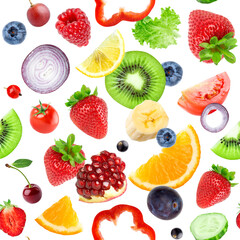 Mixed fruits and vegetables. Seamless pattern. Fruit and vegetables background.
