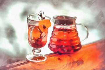 Hot tea in a glass pot and cup on natural background