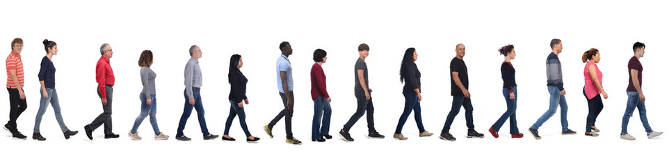 large group of people wearing blue jeans walking on white background