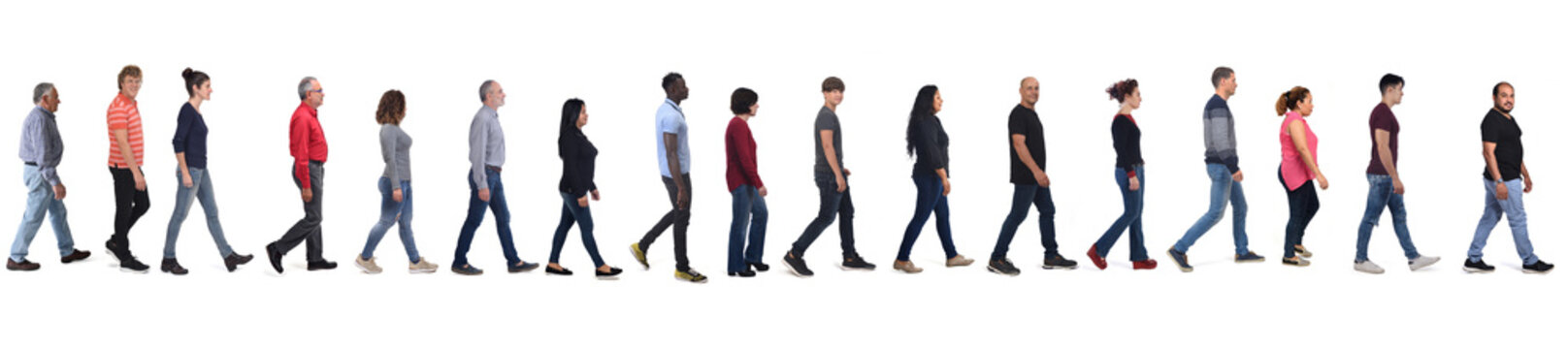 large group of people wearing blue jeans walking on white background