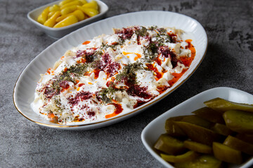 Turkish Ravioli view includes copy space with garnitures