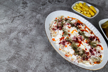 Turkish Ravioli view includes copy space with garnitures