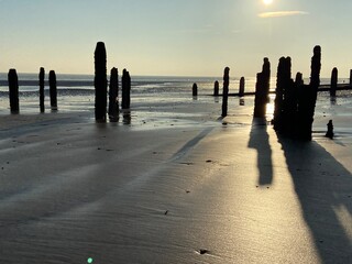 Winchelsea beach landscape view at low tide exposing flat sand with wooden sea groynes protruding from the sand 