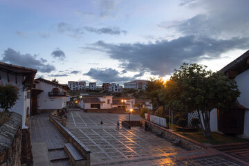 GUATAVITA, COLOMBIA - Guatavita downtown square at evening blue hour 