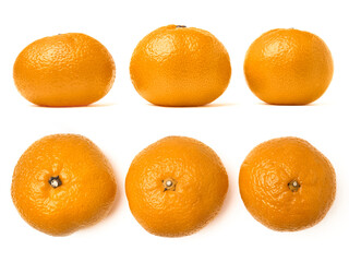 Collection of three juicy tangerines lined up in a row. Isolated on a white background. Holiday mood.