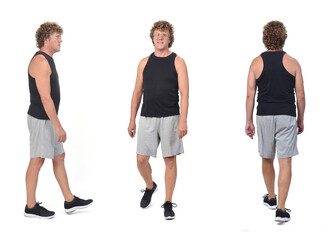 the same adult man in sportswear face, profile and back  standing on white background