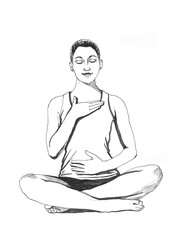 Young woman in yoga pose lotus, hand drawn waterclor art of black. Yoga illustration watercolor, format jpg