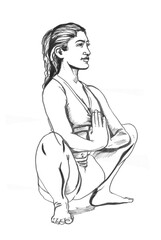 Young Woman in Pose Malasana Drawn Watercolor Sketch. Yoga Format jpg