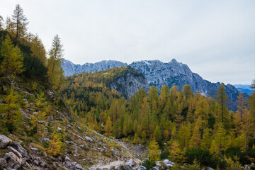 Fototapeta na wymiar Beautiful autumn for hike in the mountains. Triglav national park in Kranjska Gora, Slovenia.