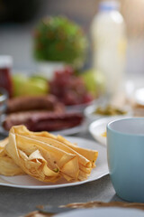 Close up of Latin breakfast on the table. Morning, breakfast ideas concept