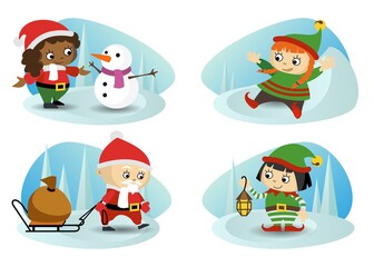 Children dressed as santa claus and Christmas gnomes play in the snow. Vector collection.