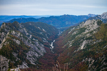 Beautiful autumn for hike in the mountains. Triglav national park in Kranjska Gora, Slovenia.