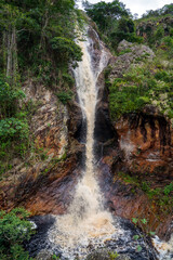 Waterfall landscape. Focus on waterfall. Beautiful waterfall in tropical rainforest