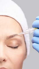 Beautician skin care. Face permanent make up. Facial treatment. Woman dermatology doctor. Applying...