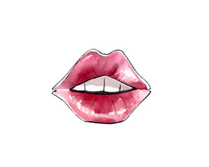 Red lips in watercolor technique. Modern fashion sketch of smiling mouth with teeth. Hand drawn illustration isolated on white background. Realistic design for mascara and beauty products