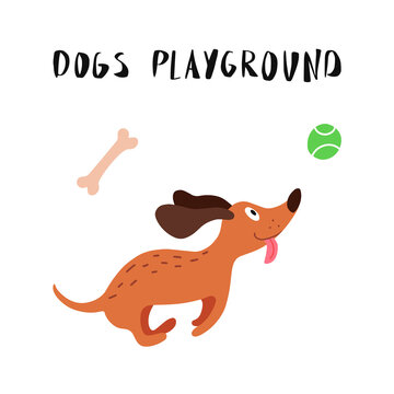 Flat cartoon colorful vector illustration. Funny dog playing with boll  at playground, yard or park. Pet Service trendy flat vector web banner, card, sign or table.