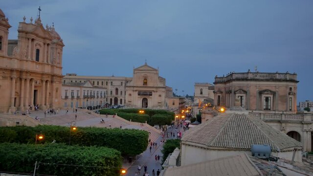 Panorama of Noto, Sicily. Evening in the city full of tourists.