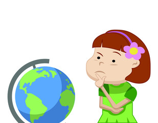 cute school girl holding globe and thinking, vector illustration 