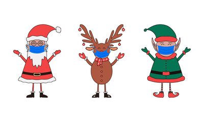 Set of Christmas characters, Santa Claus, Elf and deer in medical masks on white background.