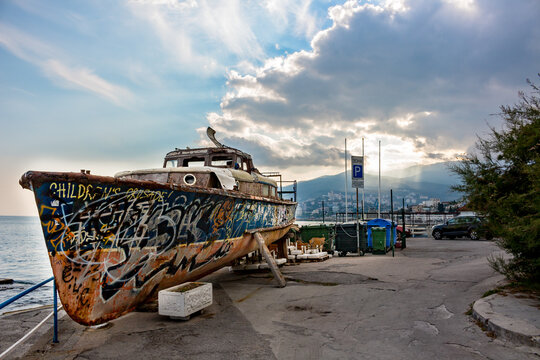 YALTA, CRIMEA - NOV. 2014: Abandoned boat on the outskirts of Yalta
