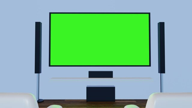 Green Screen on the home theater screen. A white wall-mounted smart TV and a black speaker on the side. Sofa or bench for watching TV in the living room