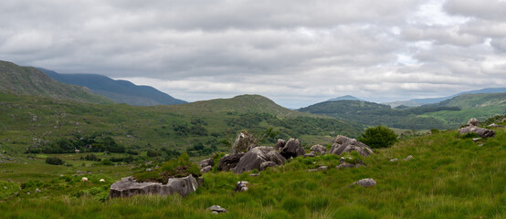 Fototapeta na wymiar Landscape of Gap of Dunloe drive in The Ring of Kerry Route. Killarney, Ireland., Part of Wild Atlantic Way