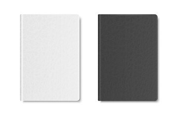 Vector 3d Realistic Textured White and Black Closed Blank Paper Notebook Set Isolated on White Background. Design Template of Copybook for Mockup, Logo Print. Top View
