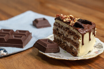 slice of homemade cake with chocolate and nuts