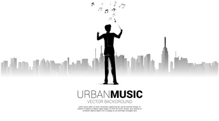 Vector silhouette of conductor standing with city background. Concept for city of music.