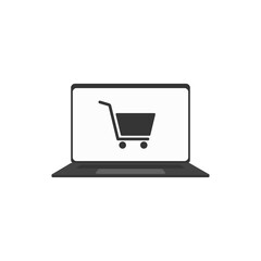 Online shop icon vector with laptop and store cart outline sign. Internet purchase by computer line pictogram. Digital web store sale and order making. Retail consumer basket on notebook pc. Eshop V1