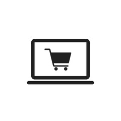 Online shop icon vector with laptop and store cart outline sign. Internet purchase by computer line pictogram. Digital web store sale and order making. Retail consumer basket on notebook pc. Eshop V3