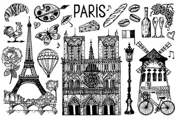 Paris set in vintage retro style. France, eiffel tower and buildings. Retro doodle elements. Vector illustration. Hand drawn engraved retro sketch. Antique old monochrome style.