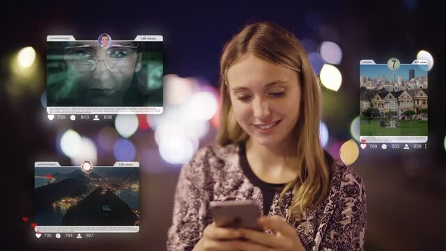 Woman using a smartphone to check social media posts. Diverse themed videos displaying. Likes, messages, followers and views growing. Network. All videos included in my portfolio.