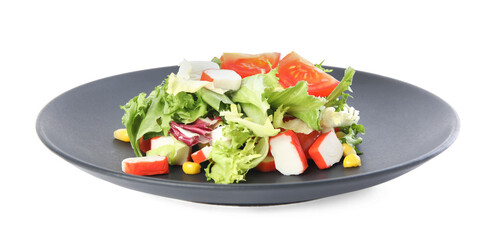 Delicious salad with crab sticks and lettuce on white background