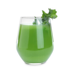 Glass of fresh celery juice isolated on white