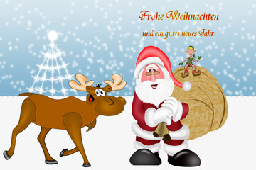 Frohe Weihnachten und ein gutes Neues Jahr, Weihnachtskarte mit Weihnachtsmann und Rentier
