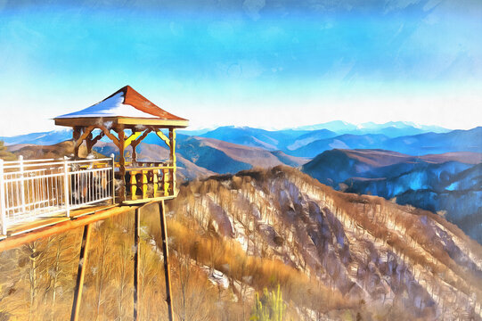 Wooden pavilion with scenery mountains view, Caucasus colorful painting looks like picture.