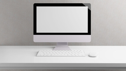 Blank screen desktop computer in minimal office room with decorations and copy space