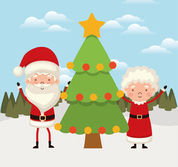 mr and mrs santa claus with one christmas tree