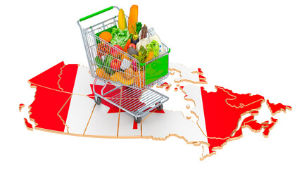 Purchasing power in Canada concept. Shopping cart with Canadian map, 3D rendering