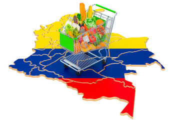 Purchasing power in Columbia concept. Shopping cart with Columbian map, 3D rendering